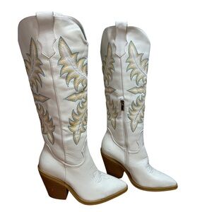 White Embroidered Western Knee-High Boots Pointed Toe Block Heel Cowgirl Size 7